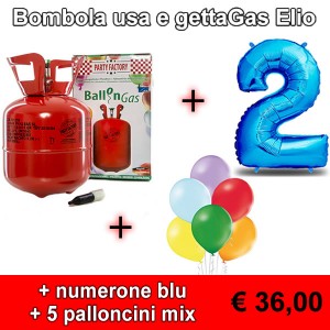 Bombola usa e getta gas elio + numerone blu + 5 palloncini mix