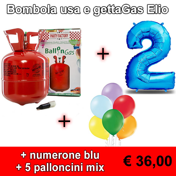 Bombola usa e getta gas elio + numerone blu + 5 palloncini mix