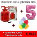 Bombola usa e getta gas elio + numerone fucsia + 5 palloncini mix