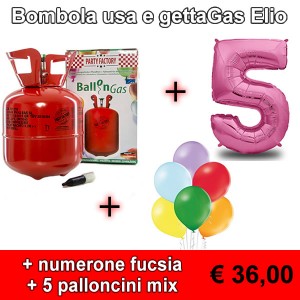 Bombola usa e getta gas elio + numerone fucsia + 5 palloncini mix