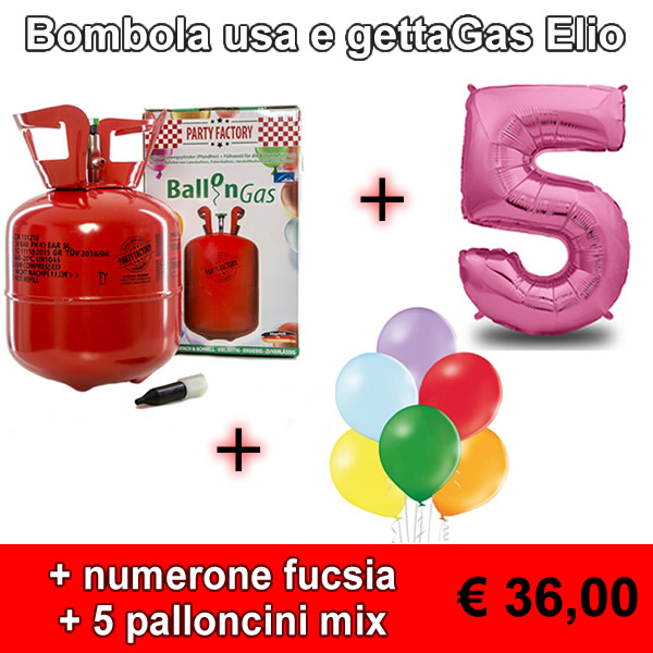 Bombola usa e getta gas elio + numerone fucsia + 5 palloncini mix