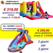 OFFERTA noleggio 2 gonfiabili ACQUATICI Squalo e Salta Splash a 259 Eu invece di 278 Eu