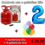 Bombola usa e getta gas elio + numerone blu + 5 palloncini mix
