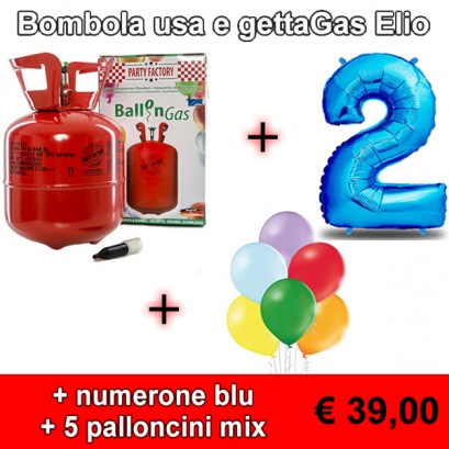 Bombola usa e getta gas elio + numerone blu + 5 palloncini mix