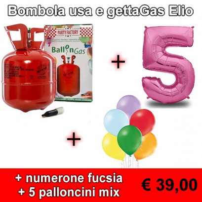 Bombola usa e getta gas elio + numerone fucsia + 5 palloncini mix