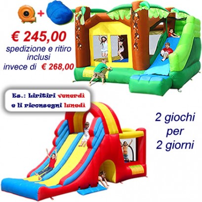 OFFERTA noleggio 2 gonfiabili - Super Scivolo Giungla e Mega Scivolo Combo a 245 Eu invece di 268 Eu con spedizione e ritiro inclusi