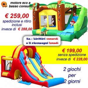 OFFERTA noleggio 2 gonfiabili - Super Scivolo Giungla e Mega Scivolo Combo a 259 Eu invece di 288 Eu con spedizione e ritiro inclusi