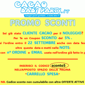 Affrettati a usare il Coupon SCONTO 5% per chi ha già effettuato un NOLEGGIO con Cacao Baby Party